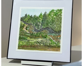 Woodland Landscaping Painting, Original Watercolor and Ink Art