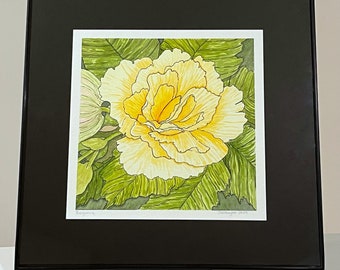 Hand-painted Watercolor and Ink Floral Art - Botanical Home Decor - Yellow Begonia Painting