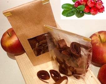Pâte de fruits pomme-airelle, collation végétalienne, sans sucre ajouté, rouleau de fruits naturel