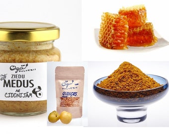 Miele con polvere di mela cotogna 200 g, 100% bacche naturali, miele biologico, CRUDO, dolcificante naturale