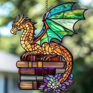 Book Dragon Suncatcher Ornament: Fantasy Wall Art Decoration