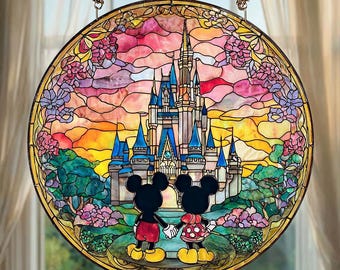 Witrażowy łapacz słońca z Myszką Miki i Minnie, prezent na rocznicę dla męża i żony, dekoracja dla pary Disneya