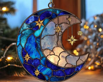 Moon and Star Stained Glass Suncatcher – Celestial Night Sky Window Decor