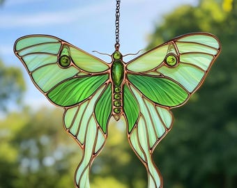 Atrapasueños de vidrieras con diseño de polilla Luna: Adorno para ventana con diseño de mariposa y jardín.