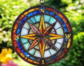 Stained Glass Compass Rose Suncatcher: Nautical Window Ornament