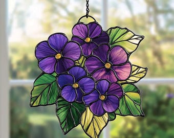 Acchiappasole in acrilico con fiori viola: decorazione floreale da appendere alla finestra.