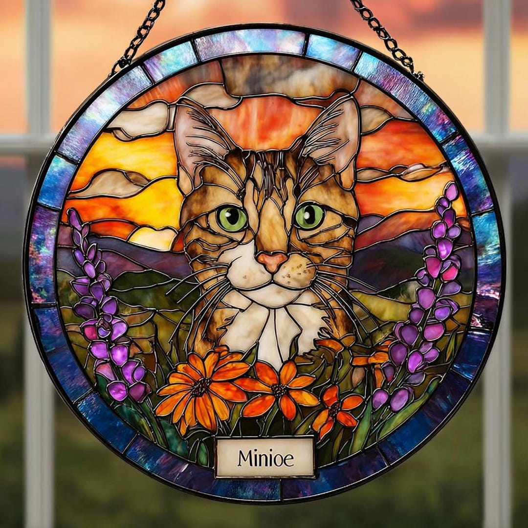 Personalized Cat Memorial Suncatcher: Custom Stained Glass Pet Portrait ...