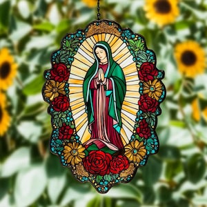 Lady Of Guadalupe Gemstone Rose Sunflower Suncatcher, Our Lady of Guadalupe, Mother Day, Mom, Virgen de Guadalupe Suncatcher, Latina Mexican