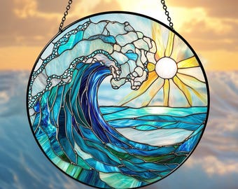 Ocean Wave Stained Glass Suncatcher: Coastal Beach Decor