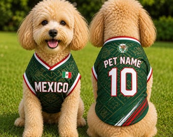 Personalized Mexico Pet Soccer Jersey, Custom Dog Cat Football Shirt, Name Number Puppy Sportswear