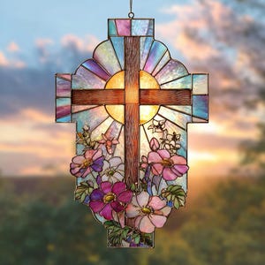 Stained Glass Cross Suncatcher: Wildflower Christian Window Decor