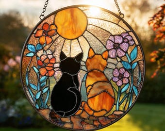 Black Orange Cat Couple Suncatcher, Stained Glass Window Hanging, Cat Mom Gift, Garden Ornament