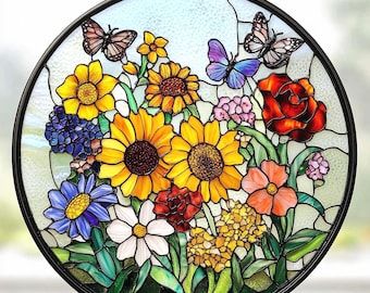 Custom Family Birth Flowers Glass Suncatcher, Custom Mom&#39;s Garden Gift, Flower Glass Art, Birth Flower Gift, Mother&#39;s Day Gift, Home Decor