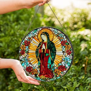 Lady Of Guadalupe Gemstone Rose Sunflower Glass Suncatcher, Our Lady of Guadalupe, Mother Day,Virgen de Guadalupe Suncatcher, Latina Mexican