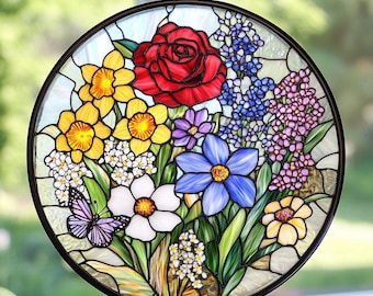 Custom Family Birth Flowers Glass Suncatcher, Custom Mom&#39;s Garden Gift, Flower Glass Art, Birth Flower Gift, Mother&#39;s Day Gift, Home Decor