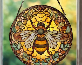 二匹の猫とミツバチと三種の花 ヴィンテージ ステンドグラス キジトラ 蜜蜂 手描きの蜂と花のステンドグラスサンキャッチャー。ハニカム模様の窓