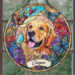 Custom Dog Portrait Suncatcher from Photo – Personalized Pet Memorial Gift, Stained Glass Style Dog Art for Window Display or Pet Lovers