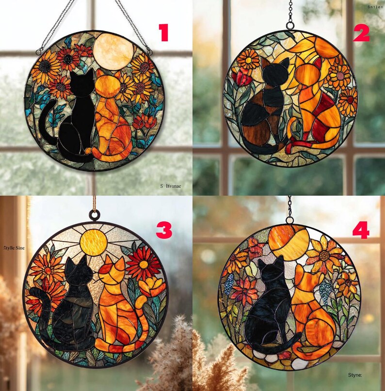 Black and Orange Cat Suncatcher – Floral Stained Glass Window Hanging ...