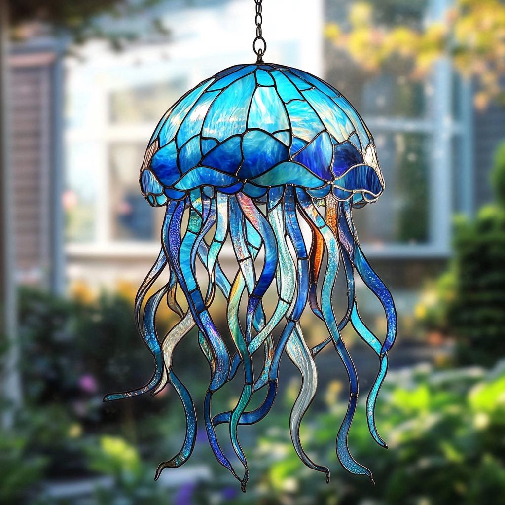 Jellyfish Suncatcher, Acrylic Window Hanging, Coastal & Nautical Decor for Ocean Lovers Suncatcher,Jellyfish Faux Stained Glass Window Decor