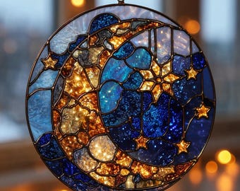 Moon and Star Stained Glass Suncatcher: Celestial Window Hanging