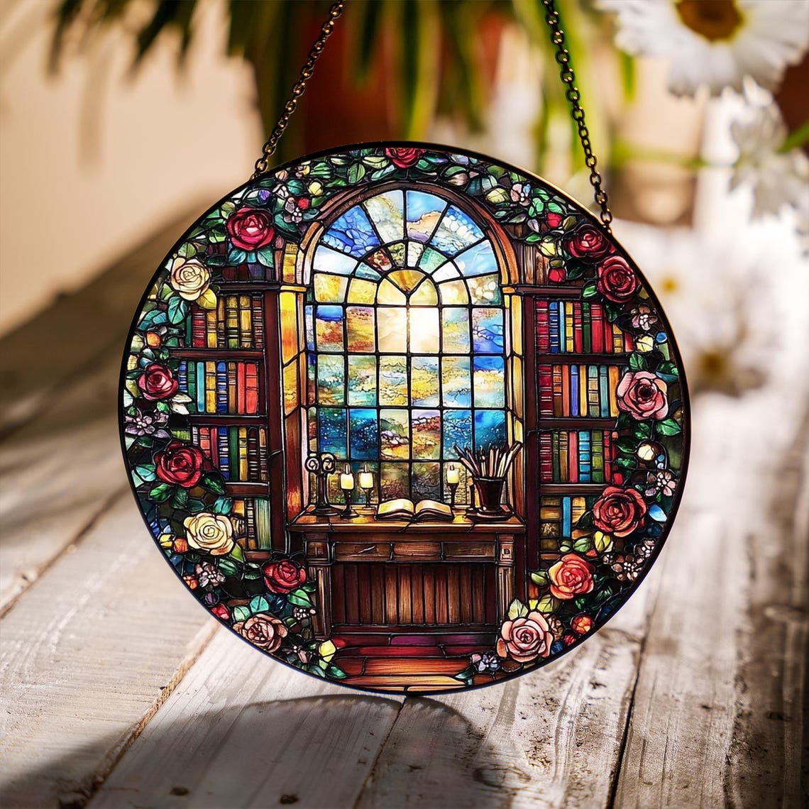 Library Bookshelf Suncatcher: Faux Stained Glass Window Decor - Etsy