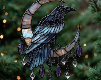 Halbmond Rabe Acryl Sonnenfänger - Gothic Faux Buntglas Fensterschmuck mit Kristall Tropfen