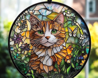 Portrait de chat en vitrail personnalisé - attrape-soleil acrylique pour animaux de compagnie