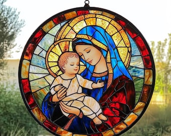 聖母マリアのステンドグラスサンキャッチャー、宗教的な壁飾り、祈る