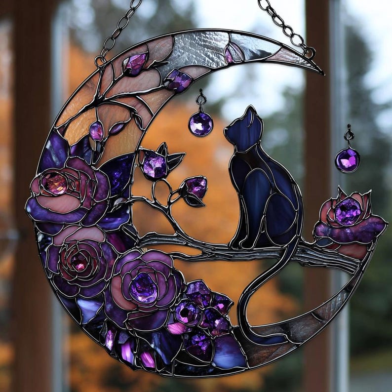 Black Cat Moon Suncatcher: Gothic Faux Stained Glass Window Hanging - Etsy