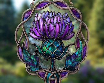 Celtic Thistle Suncatcher, Faux Stained Glass Scottish Decor