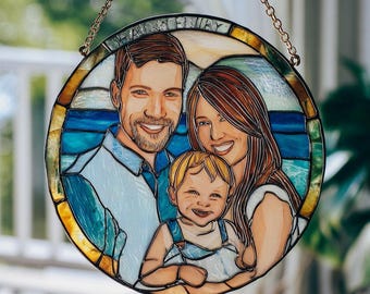 Atrapasueños personalizados con retrato familiar: Arte acrílico personalizado estilo vidriera