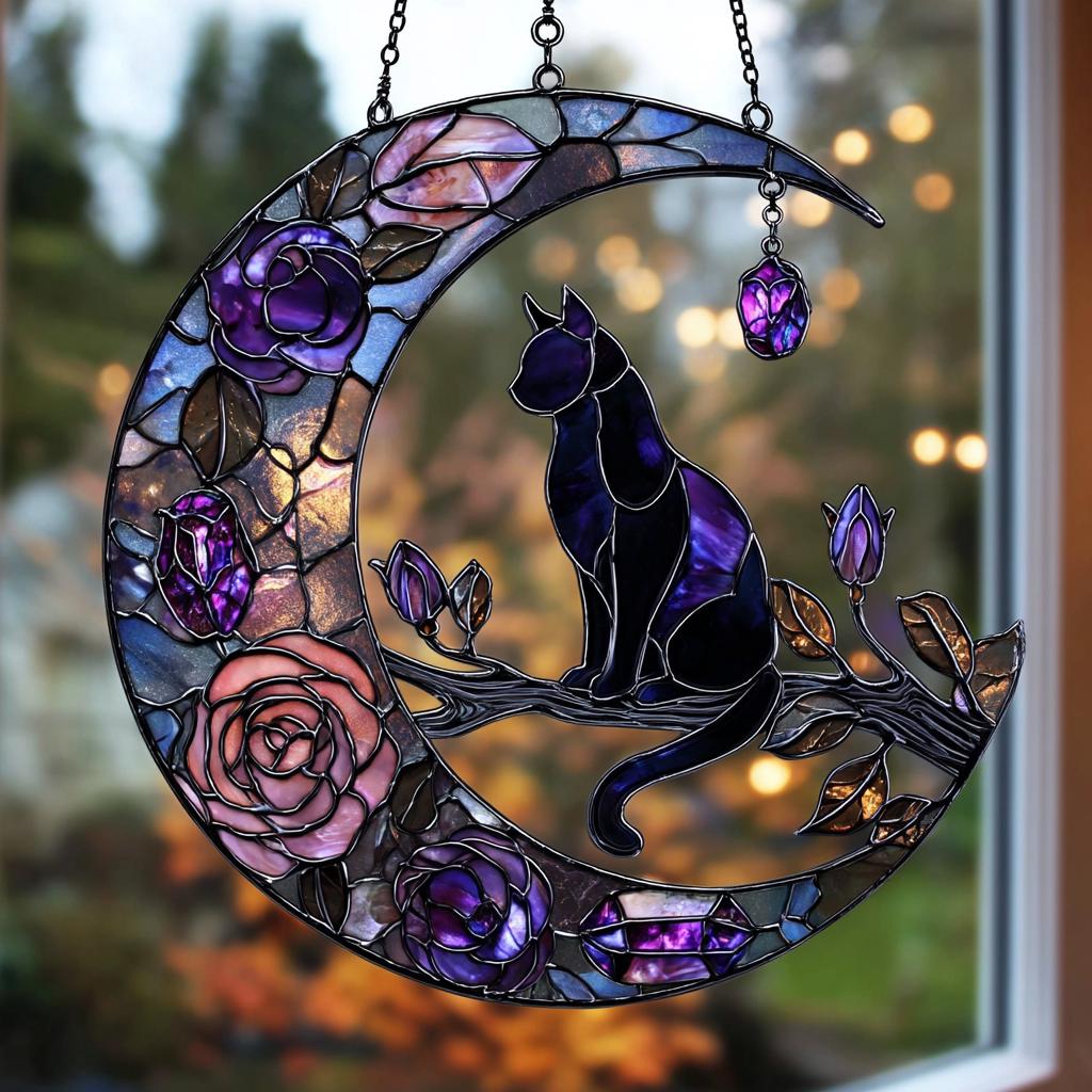 Black Cat Moon Suncatcher: Gothic Faux Stained Glass Window Hanging - Etsy