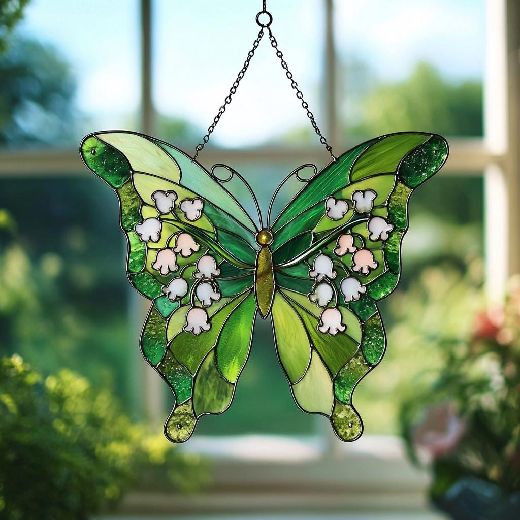 Floral Butterfly Acrylic Suncatcher: Lily of the Valley Faux Stained Glass Window Hanging