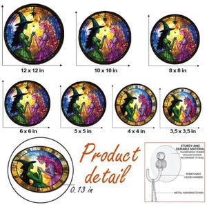 May include: Round wall art featuring a witch and a princess in a stained-glass style design. Available in sizes from 8.9 cm x 8.9 cm to 30.5 cm x 30.5 cm. Includes a removable hook hanger and metal hanging chain.
