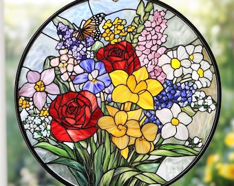 Custom Family Birth Flowers Glass Suncatcher, Custom Mom&#39;s Garden Gift, Flower Glass Art, Birth Flower Gift, Mother&#39;s Day Gift, Home Decor