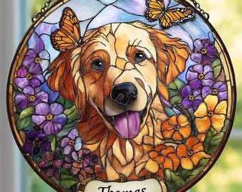 May include: A round stained glass window featuring a golden retriever dog with butterflies and flowers. The dog's name, "Thomas," is displayed on a banner. The artwork has a brown border and is designed to hang.