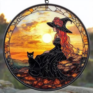 Witch and Black Cat Suncatcher: Halloween Window Decor