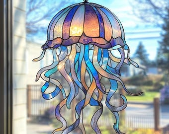 Jellyfish Suncatcher: namaak glas-in-loodraam hangend