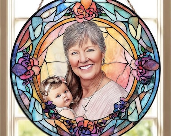 Custom Grandma Portrait Stained Glass Suncatcher, Unique Photo Gift for Grandma