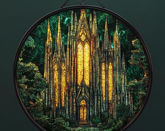 Gothic Castle Stained Glass Suncatcher: Dark Victorian Window Decor