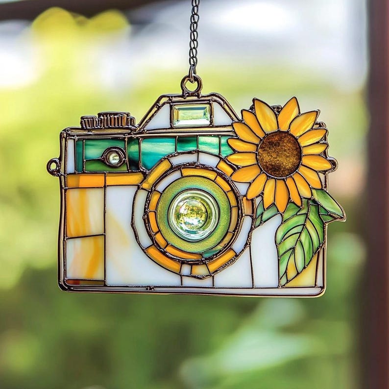 May include: Stained glass camera-shaped suncatcher with a sunflower design. The camera features yellow, green, and white glass panels, with a sunflower on the side. It hangs from a chain, ideal for window or garden decor.