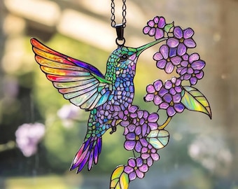Holographic Hummingbird Suncatcher: Acrylic Window Hanging with Lilac Flowers