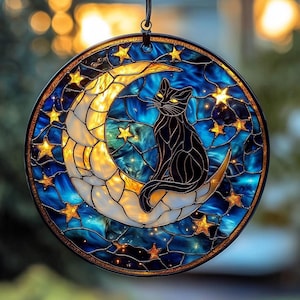 Black Cat on Moon Suncatcher: Stained Glass Window Hanging Art