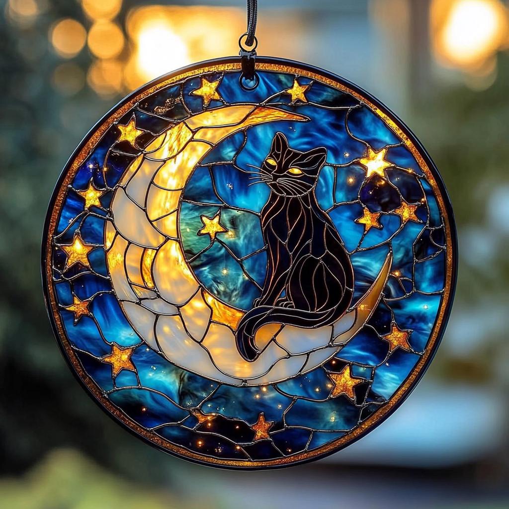 Black Cat on Moon Suncatcher: Stained Glass Window Hanging Art - Etsy