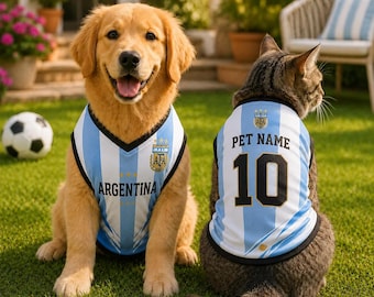 Camiseta de fútbol argentina personalizada para mascotas, camiseta de fútbol personalizada para perros y gatos, ropa deportiva personalizada para cachorros con nombre y número.