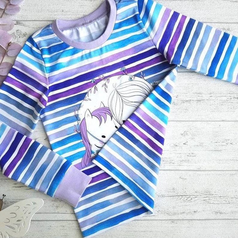 Kids' Horse Long-Sleeve Shirt | Blue and Purple Striped Long-Sleeve Shirt with Horse | Horse Girl Top | Also Suitable as a T-Shirt image 9