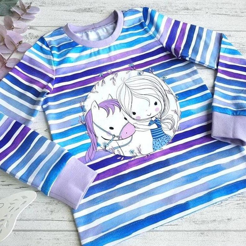 Kids' Horse Long-Sleeve Shirt | Blue and Purple Striped Long-Sleeve Shirt with Horse | Horse Girl Top | Also Suitable as a T-Shirt image 2