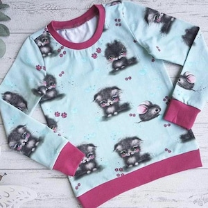 Mädchen Langarmshirt mit Katze & Maus | hellblaues Kinder Shirt | Geschenk für kleine Katzenfans | Handmade
