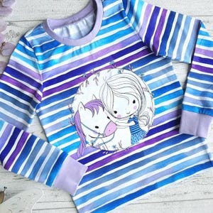 Kids' Horse Long-Sleeve Shirt | Blue and Purple Striped Long-Sleeve Shirt with Horse | Horse Girl Top | Also Suitable as a T-Shirt image 3