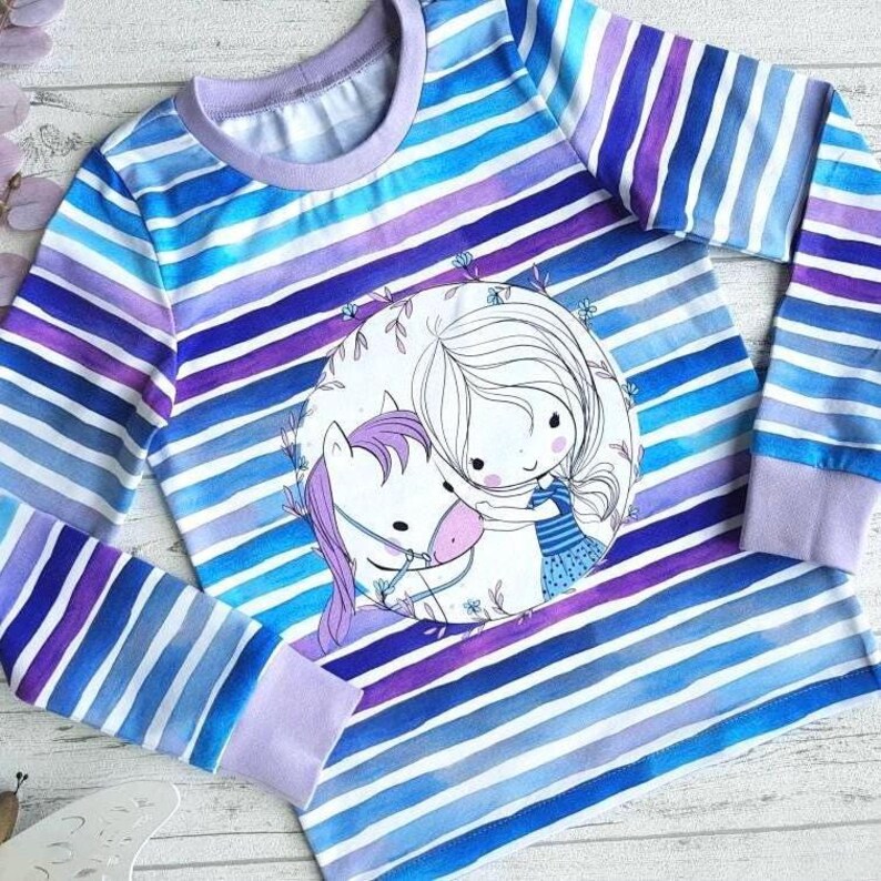 Kids' Horse Long-Sleeve Shirt | Blue and Purple Striped Long-Sleeve Shirt with Horse | Horse Girl Top | Also Suitable as a T-Shirt image 3